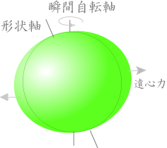 図2. 地球自転軸が形状軸に一致していると、赤道部分の膨らみに働く遠心力はバランスがとれておりトルク（物体を回転させようとする力、偶力）は生じない。何かの原因でふたつの軸がずれると、遠心力がトルクを生んで自転軸を形状軸に一致させようとする。その結果瞬間自転軸は形状軸のまわりをゆっくりとまわる（チャンドラー運動）。