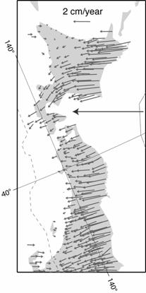 図３　東北と北海道のGPS観測局の動きを示す矢印。日本列島から見た太平洋プレートの運動方向がちょうど左向きになるように地図を傾けてある。日本列島は日本海溝で沈み込む太平洋プレートによって西に押し付けられ、その幅が毎年数センチずつ縮む。数十年から百年に一回プレート境界面を断層とした海溝型地震が発生し、太平洋岸は海に向かってせり出し、溜まった縮み（短縮ひずみ）がもとにもどる（解放される）。海溝のプレート境界でなく、日本列島の陸地部分が東西の短縮ひずみに耐えられずに地震を起こすこともある（内陸地震）。現在のGPS点は陸上部分に限られるが、海底地殻変動観測が本格化すると海洋地域でもこのような矢印を描くことができるようになる。