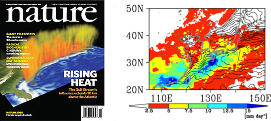 Discovery of the effects of Atlantic Gulf Stream to the troposphere graced the cover of the issue 13 March 2008 in Nature,and A numerical simulation system newly developed enables us to challenge problems of multi-scale interaction in the atmosphere and oceans.
