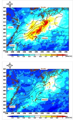 Extra tropical cyclone activity difference between global warming and present climate simulations by the Kyosei project; red and blue denote more and less active, respectively,and Regression of autumn rainfall on the latitude of Kuroshio extension.